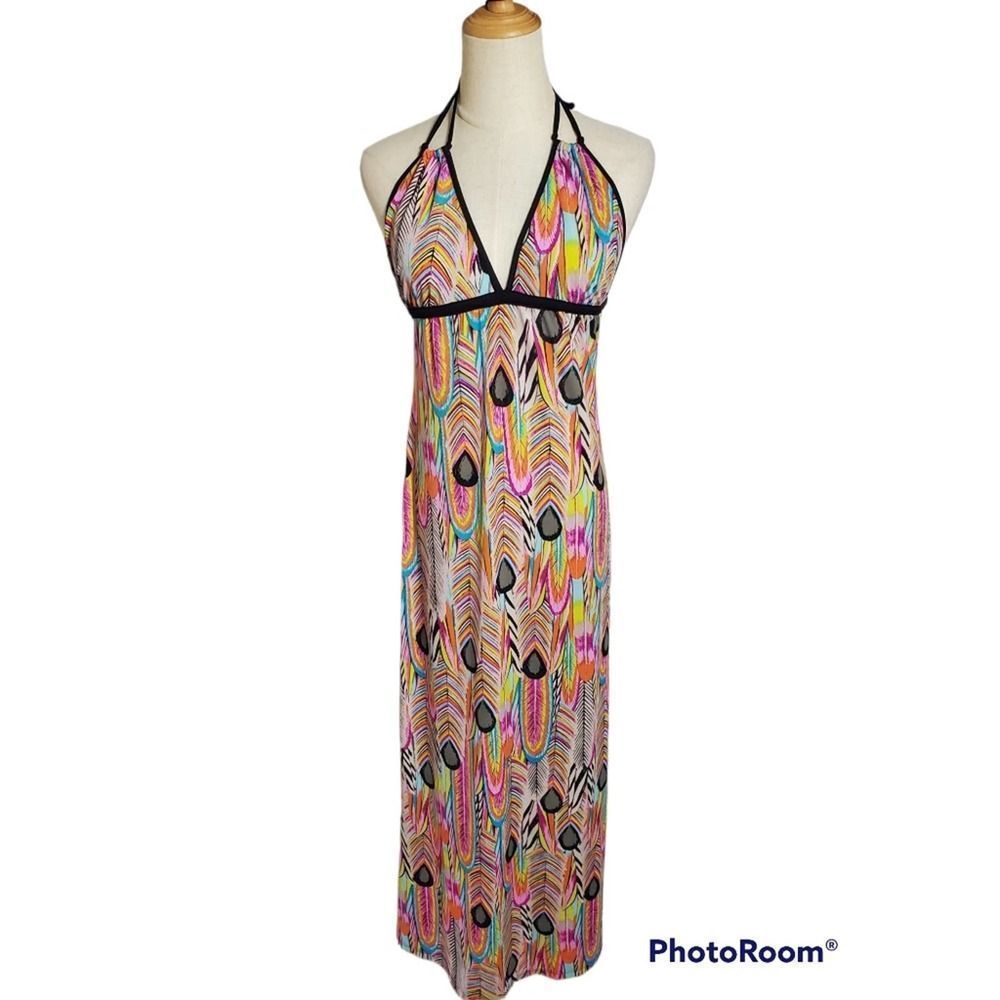 Johnny Martin Multicolor Halter Maxi Dress with Black Trim
